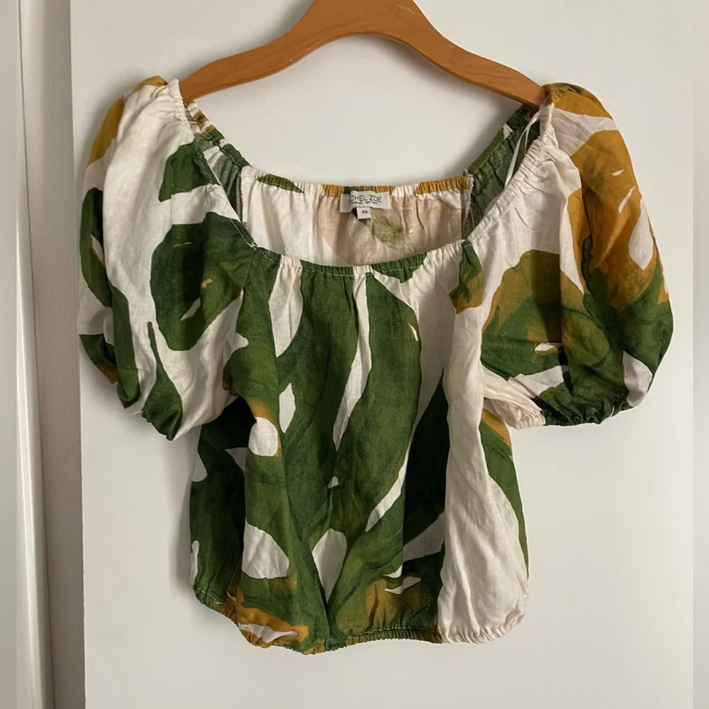 Rachel Zoe Linen Cropped Short Puff Sleeve Wide Neck Shirt Top Green Floral NWT